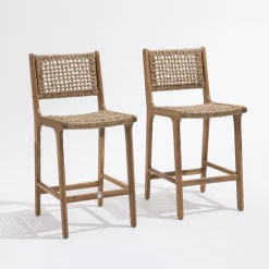 LEXIA Lot de 2 tabourets de bar intérieur/extérieur en bois d'acacia et résine tressée H76cm