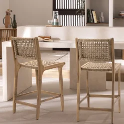 LEXIA Lot de 2 tabourets de bar intérieur/extérieur en bois d'acacia et résine tressée H76cm