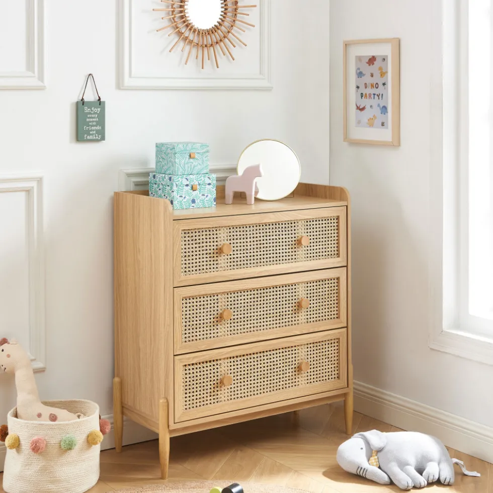LILOU Commode enfant 3 tiroirs en bois et cannage 80cm