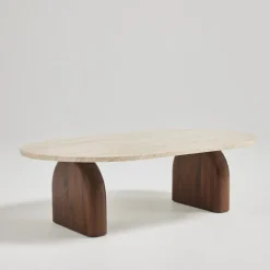 LIPALI Table basse en effet travertin et bois 100x60cm