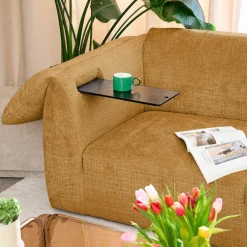LOGAN Canapé 3 places accoudoirs relevables avec tablette en tissu chenille