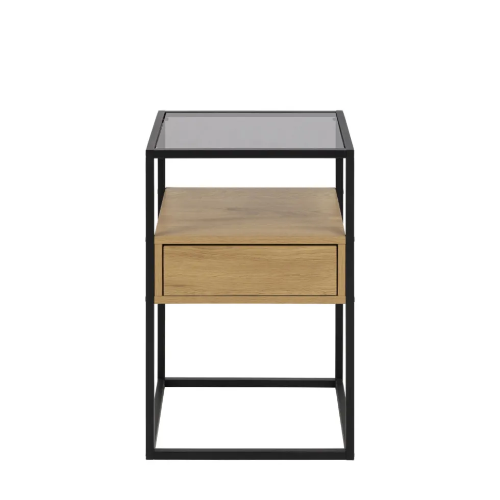 LUMA Table de chevet 1 tiroir en verre, bois et métal
