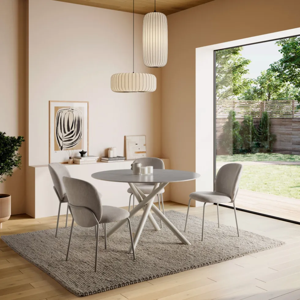 MATTHEO Table à manger 4 personnes ronde effet travertin et métal ø120cm