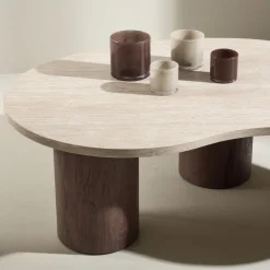 MEGG Table basse organique effet travertin et bois 130x78cm