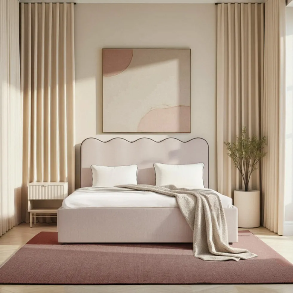 NAGOYA Lit coffre en tissu avec tête de lit ondulée 160x200cm