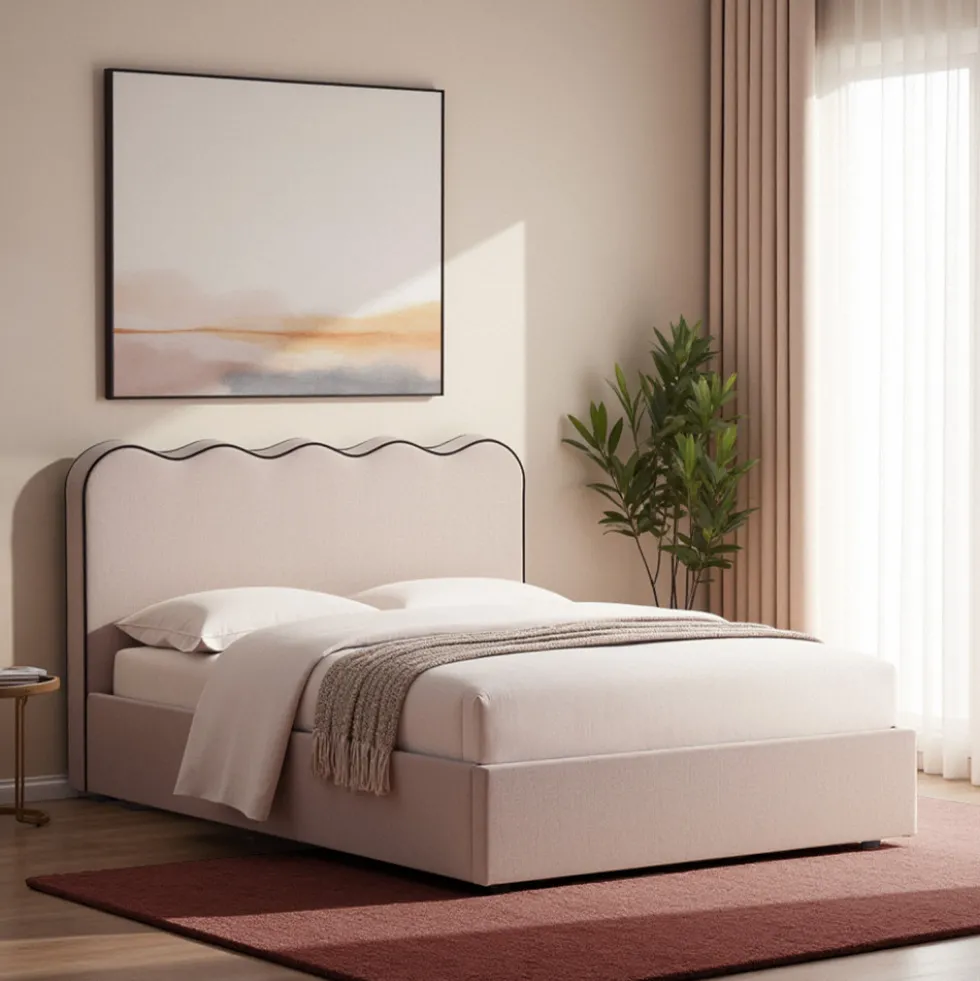 NAGOYA Lit coffre en tissu avec tête de lit ondulée 160x200cm