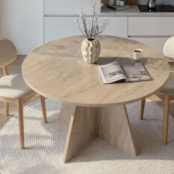 NARO Table à manger 4 personnes ronde effet travertin