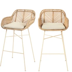 NUNUHAI Lot de 2 tabourets de bar en rotin pieds beiges H68cm