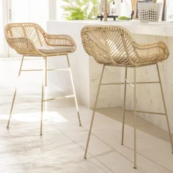 NUNUHAI Lot de 2 tabourets de bar en rotin pieds beiges 76cm