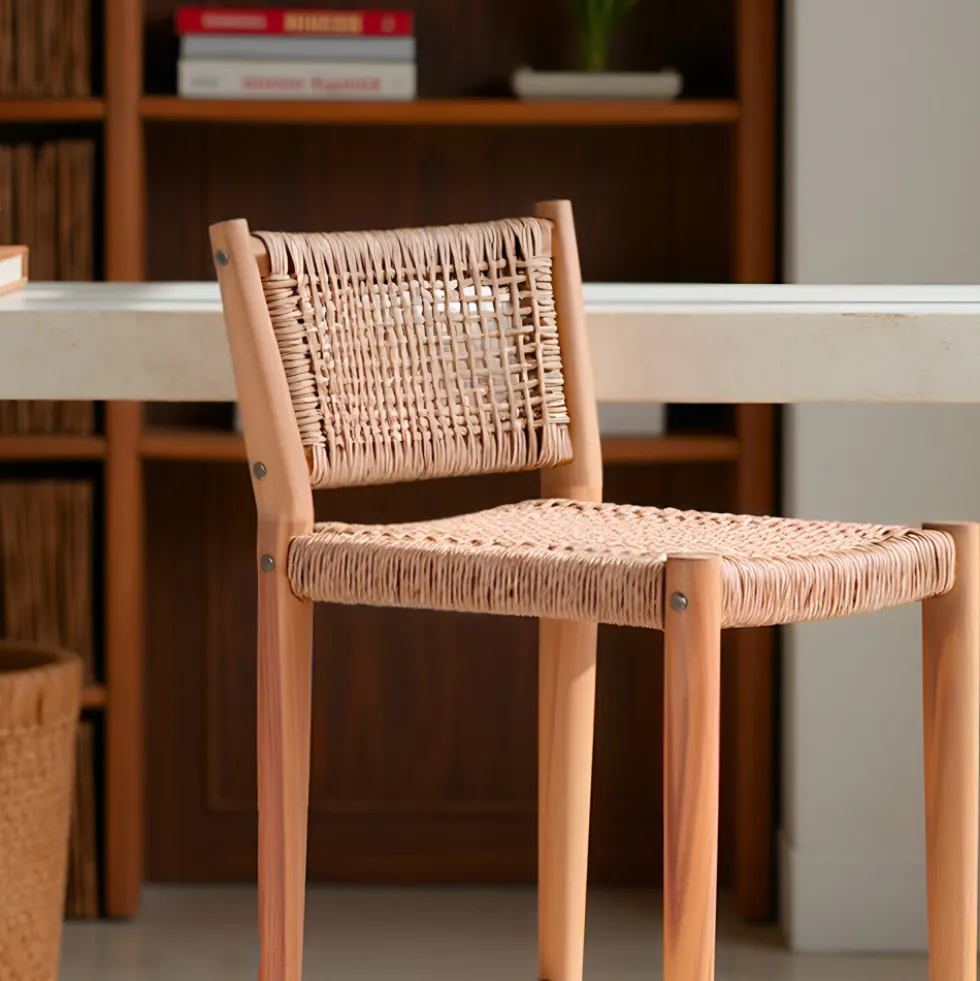 NURI Lot de 2 tabourets de bar intérieur/extérieur en bois d'acacia et résine tressée H66cm