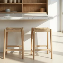PAOLO Tabouret de bar en corde tressée et bois H65cm
