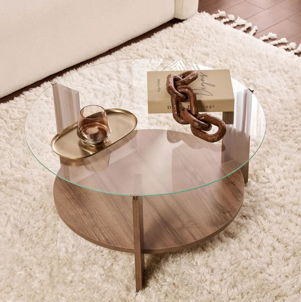 RIA Table basse ronde en verre trempé et bois ø75cm