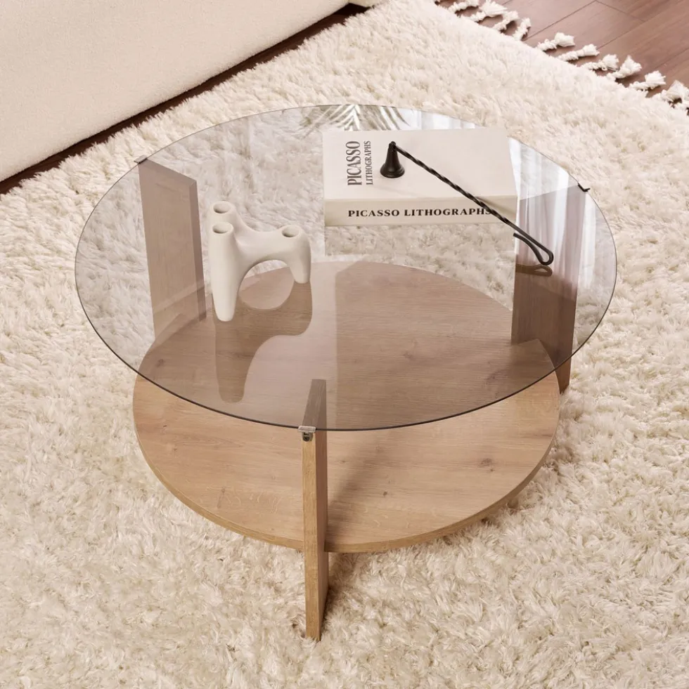 RIA Table basse ronde en verre fumé et bois ø75cm