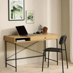 RINTO Bureau 1 tiroir 1 niche en bois et métal L120cm