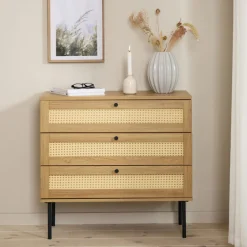 RINTO Commode 3 tiroirs en bois et métal L80cm