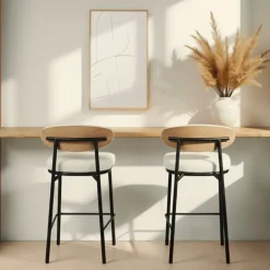RODE Lot de 2 chaises de bar en tissu bouclette, bois et métal H65cm
