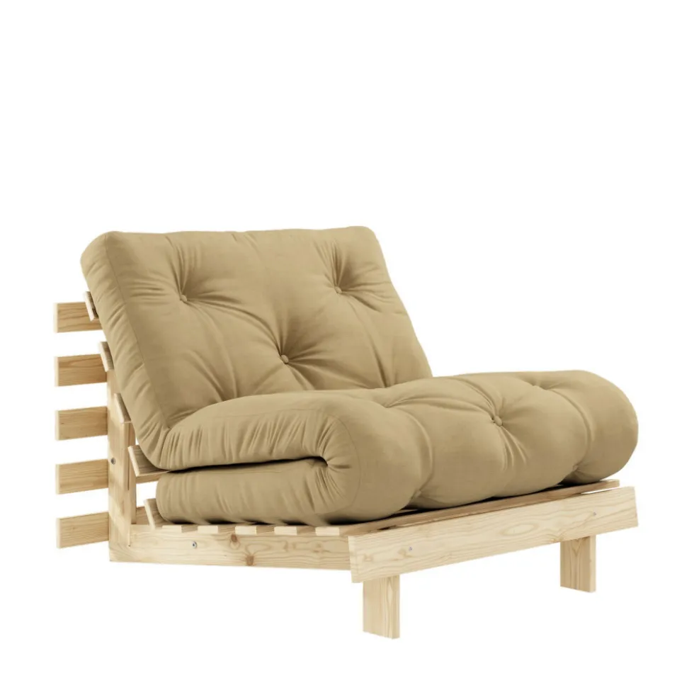 ROOTS Fauteuil convertible 90x200cm en bois naturel et tissu