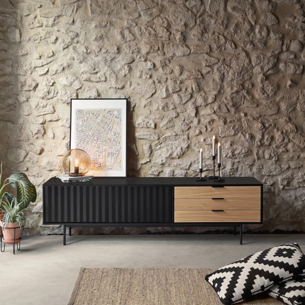 SIERRA Meuble TV 2 portes, 3 tiroirs en bois L180cm