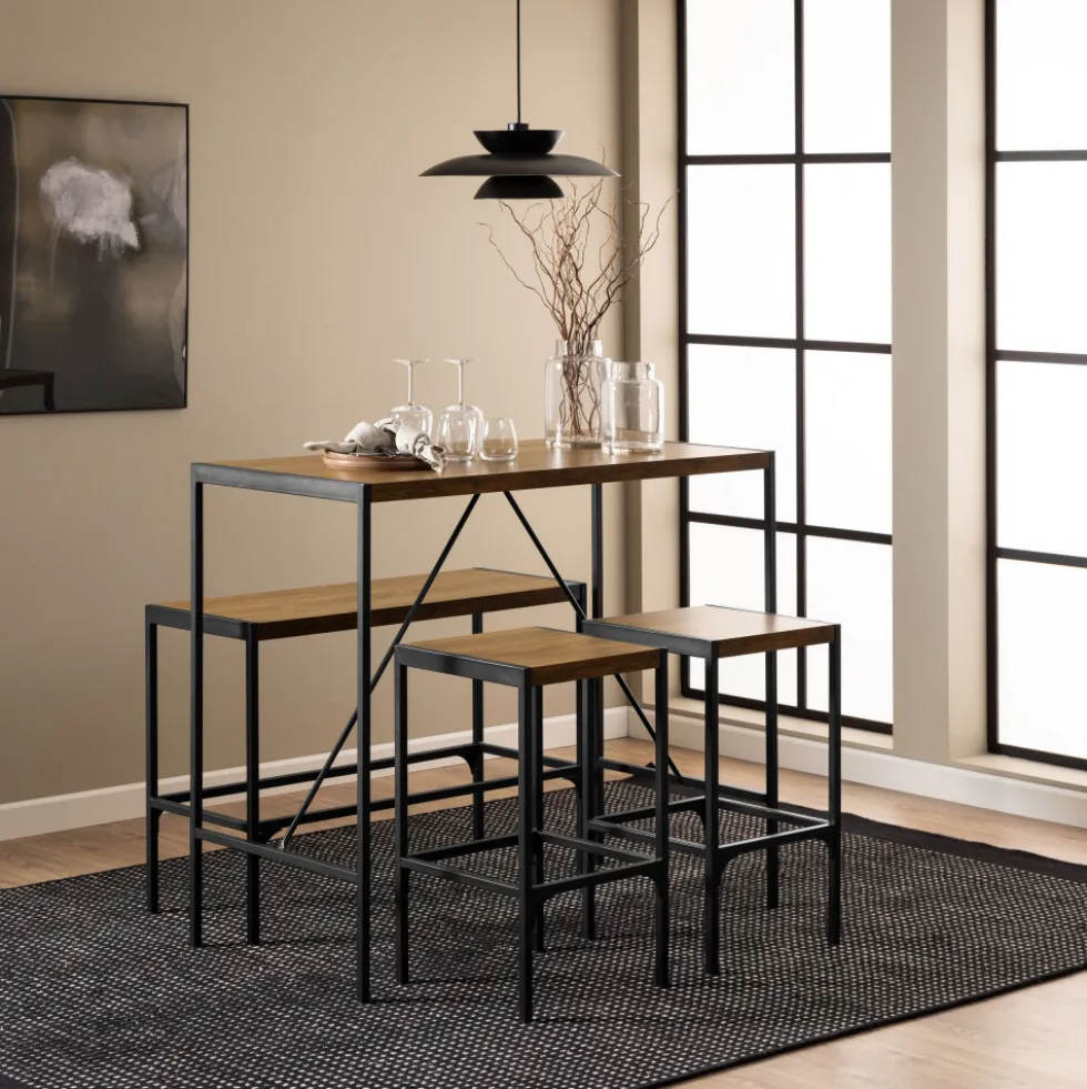 SKAL Ensemble table de bar pour 4 personnes en bois et métal H105cm