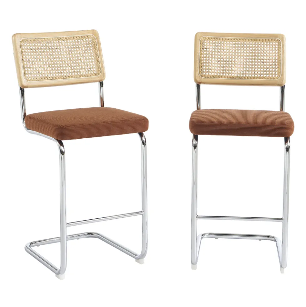 SKANA Lot de 2 chaises de bar en velours côtelé pieds chrome H66cm