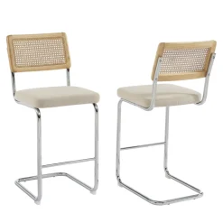 SKANA Lot de 2 chaises de bar en velours côtelé pieds chrome H66cm