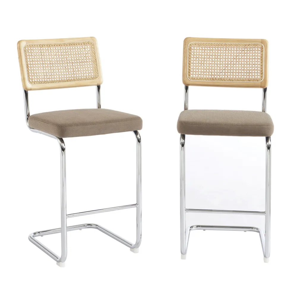 SKANA Lot de 2 chaises de bar en velours côtelé pieds chrome H66cm