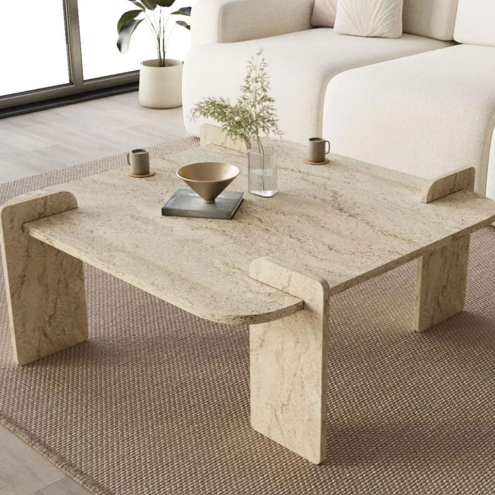 SOLENI Table basse effet travertin 90x90cm