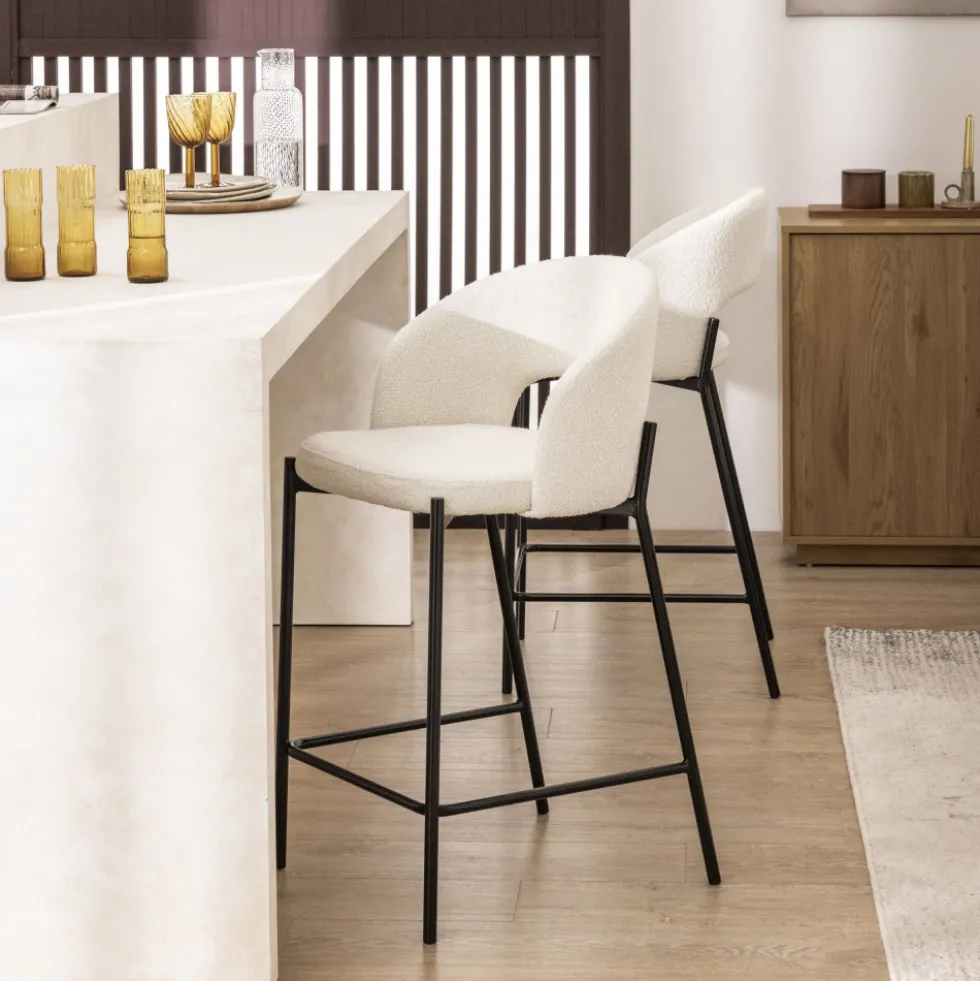SOREN Lot de 2 chaises de bar en tissu bouclette et métal H65cm