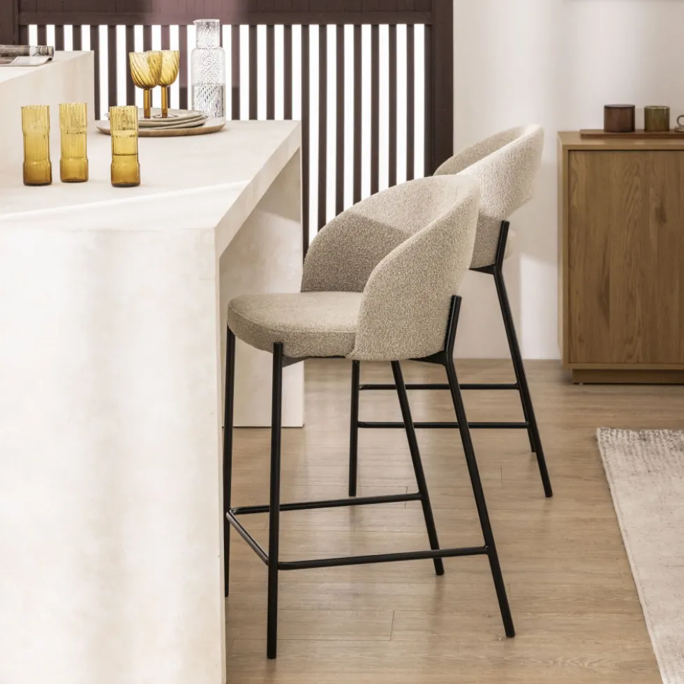 SOREN Lot de 2 chaises de bar en tissu bouclette et métal H65cm