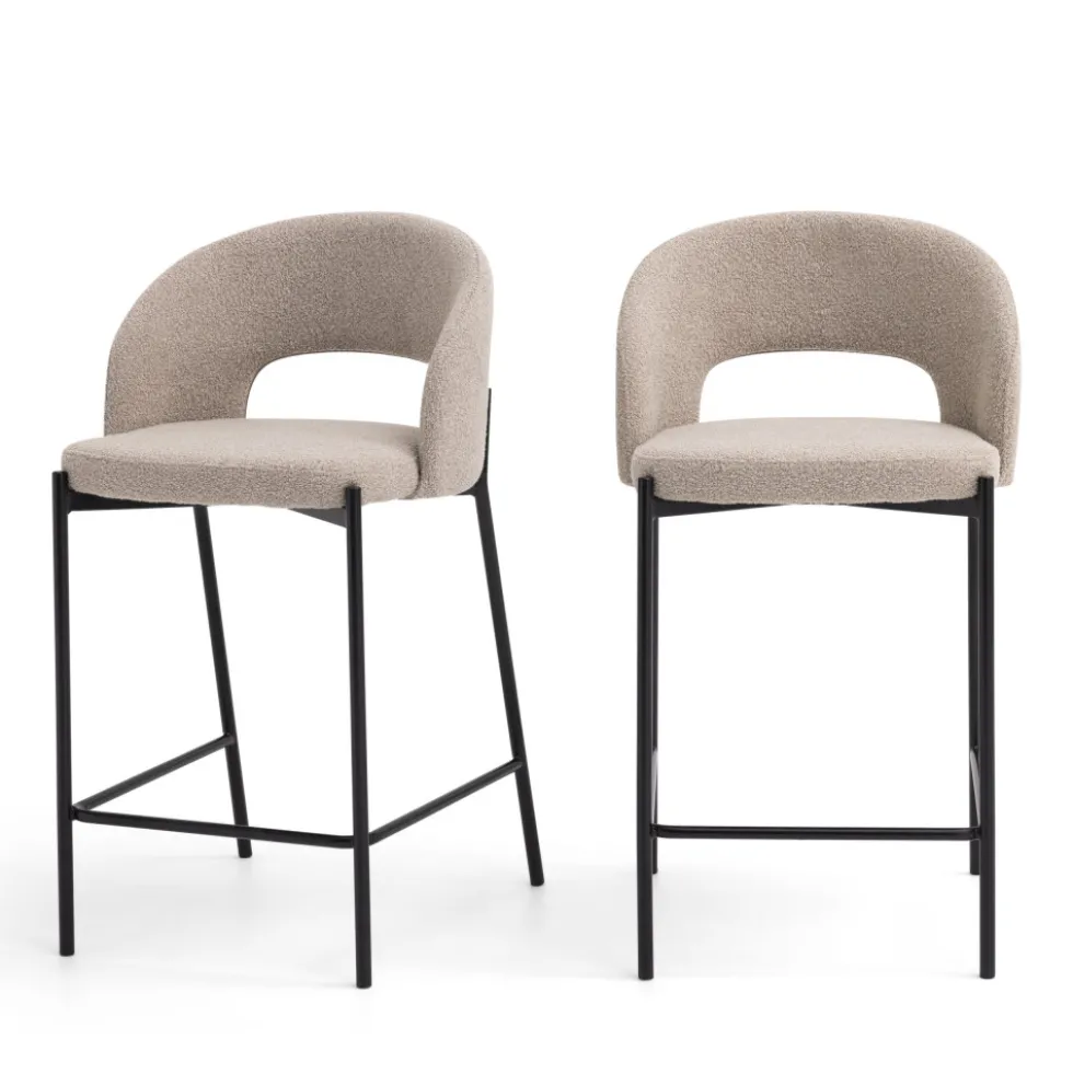 SOREN Lot de 2 chaises de bar en tissu bouclette et métal H65cm