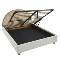 TAJUR Lit coffre en tissu bouclette et cannage 160x200cm