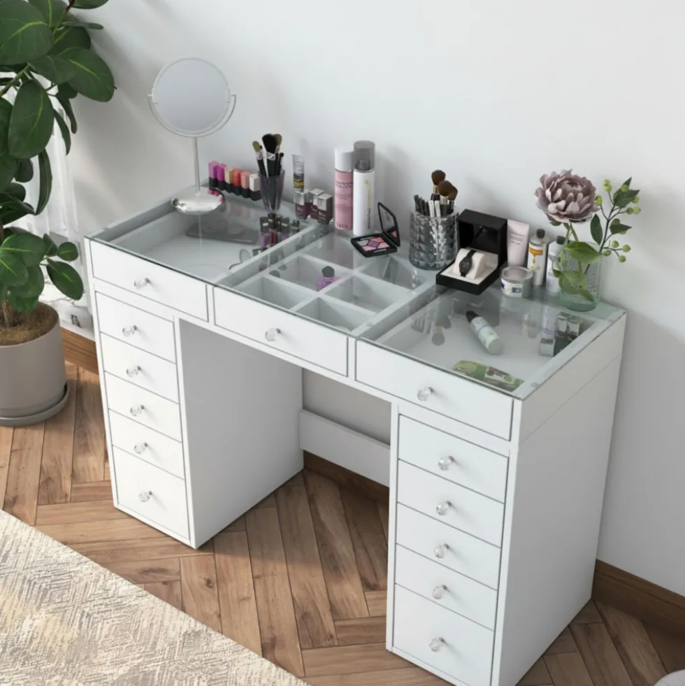TIYA Coiffeuse 13 tiroirs avec plateau en verre L120cm