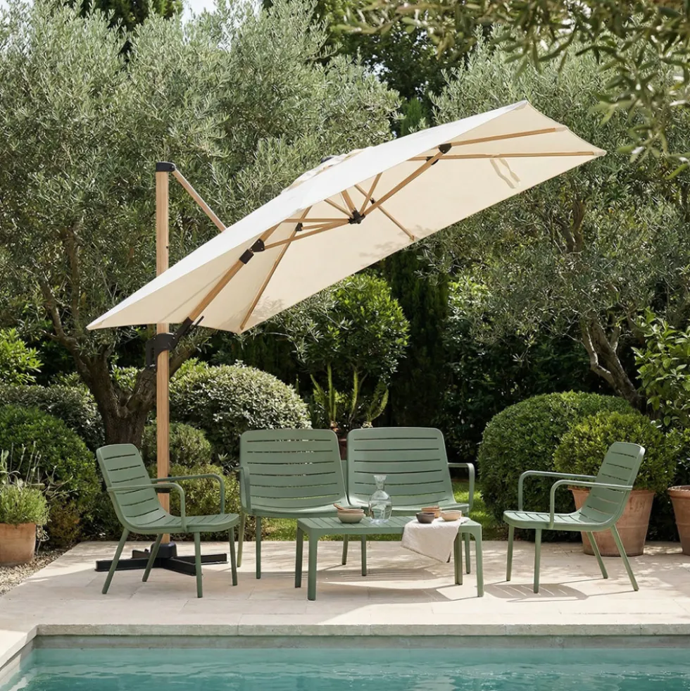 VEYA Parasol carré déporté en aluminium et effet bois 3x3m