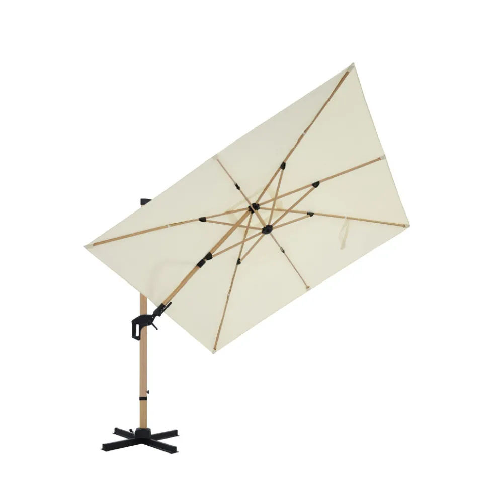 VEYA Parasol carré déporté en aluminium et effet bois 3x3m