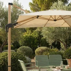 VEYA Parasol carré déporté en aluminium et effet bois 3x3m