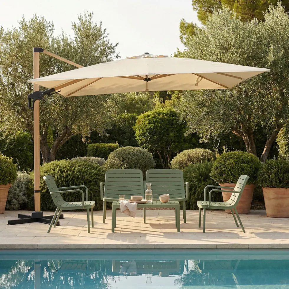 VEYA Parasol rectangulaire déporté en aluminium et effet bois 3x4m