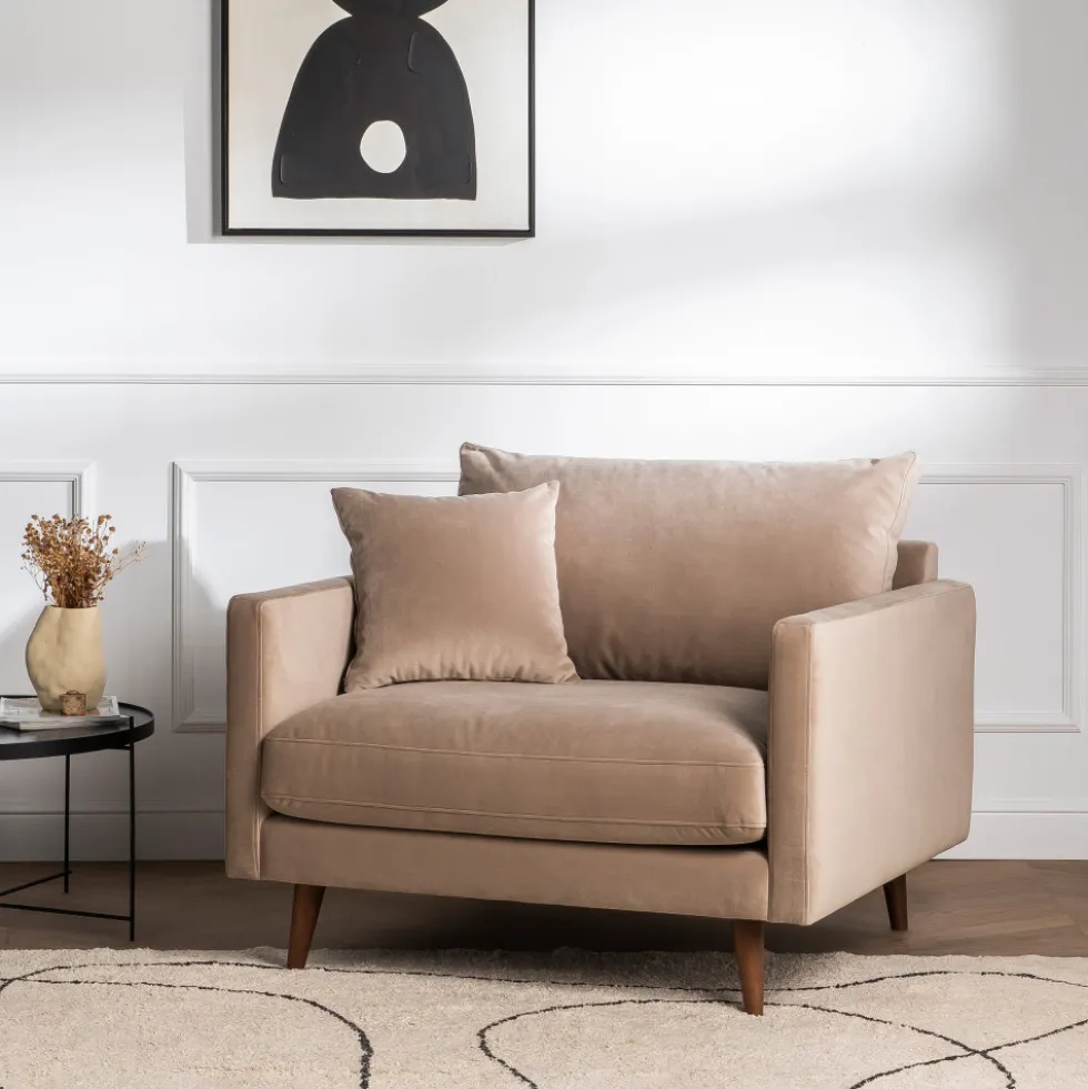 VILLABON Fauteuil XL en velours pieds bois foncé