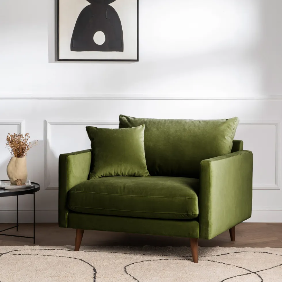 VILLABON Fauteuil XL en velours pieds bois foncé