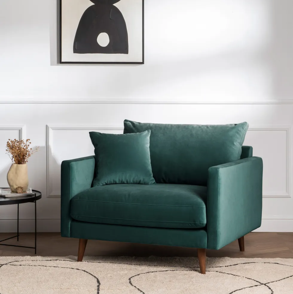 VILLABON Fauteuil XL en velours pieds bois foncé