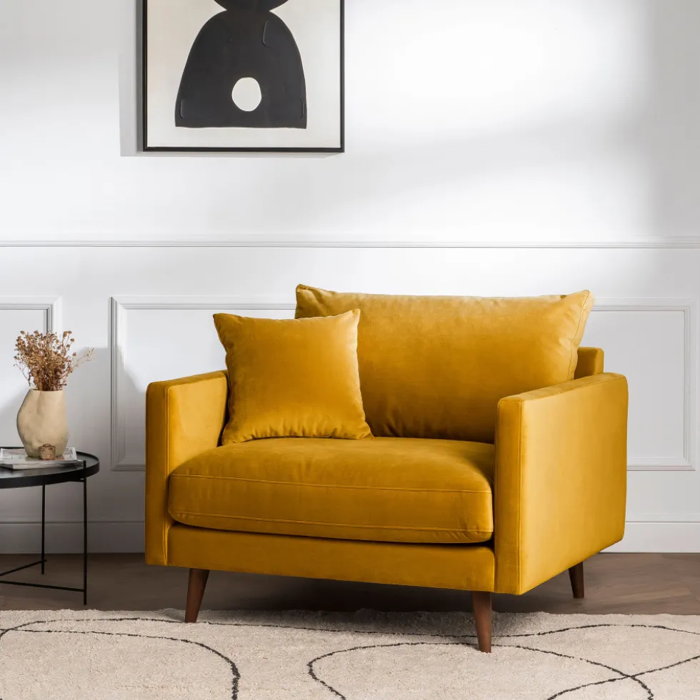 VILLABON Fauteuil XL en velours pieds bois foncé
