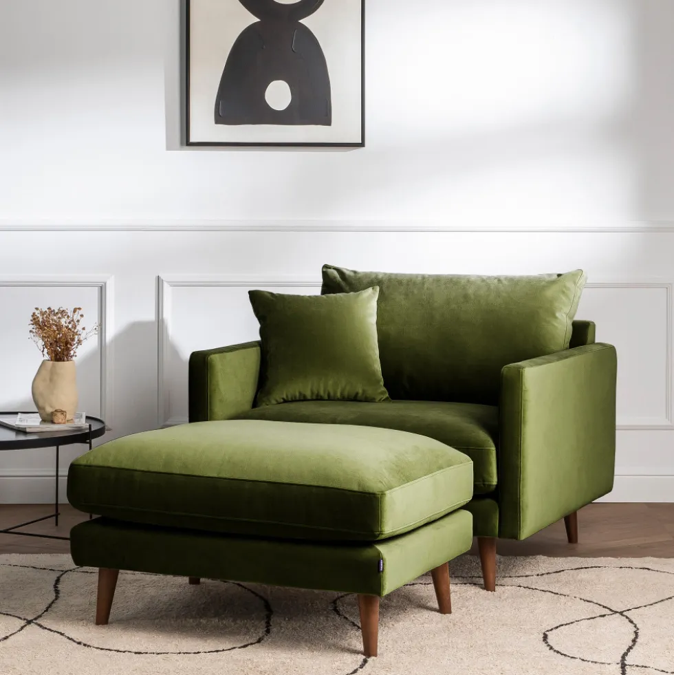VILLABON Pouf en velours pieds bois foncé