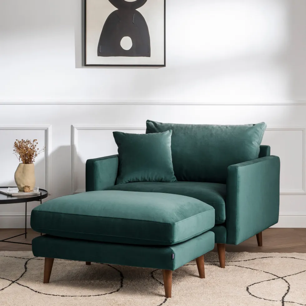 VILLABON Pouf en velours pieds bois foncé