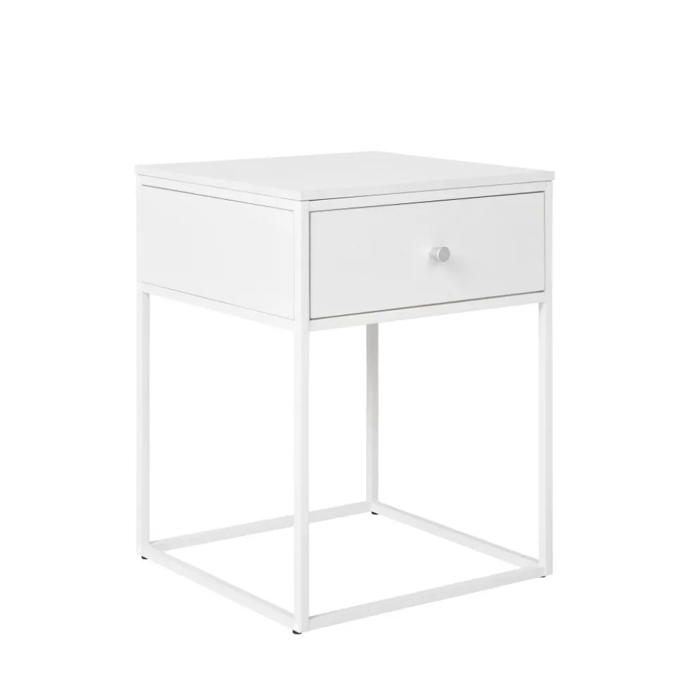 VITA Table de chevet avec tiroir en bois et métal blanc
