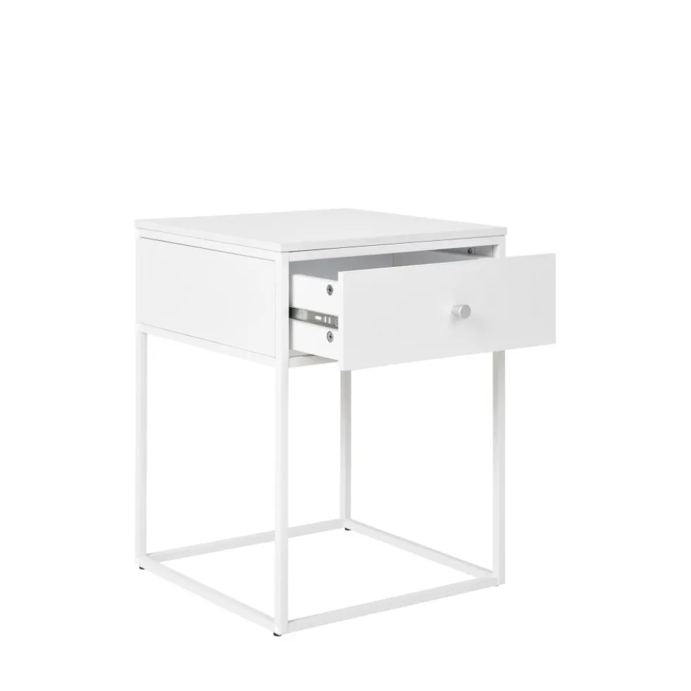 VITA Table de chevet avec tiroir en bois et métal blanc