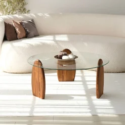 WO Table basse ronde en verre trempé et bois ø90cm