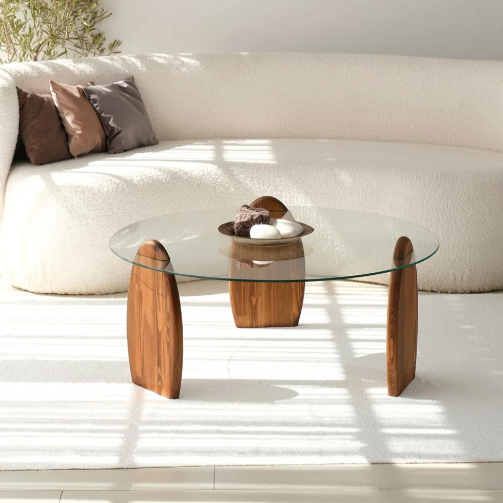 WO Table basse ronde en verre trempé et bois ø90cm