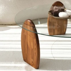 WO Table basse ronde en verre trempé et bois ø90cm